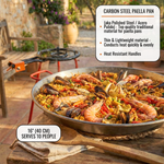 Garcima Mediterraneo 16" Paella Pan Set with 14" Dual-Ring Gas Burner & 30" Reinforced Stand | Authentic Made in Spain | Serves 10
